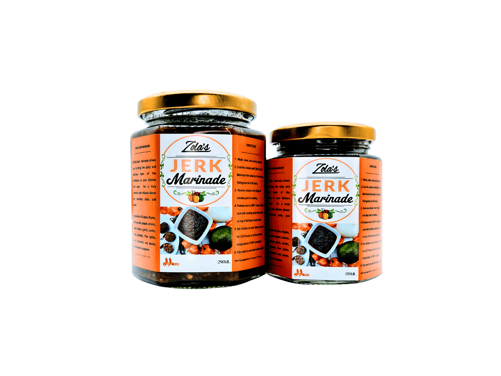Small and large jars of Zola's Jerk Marinade